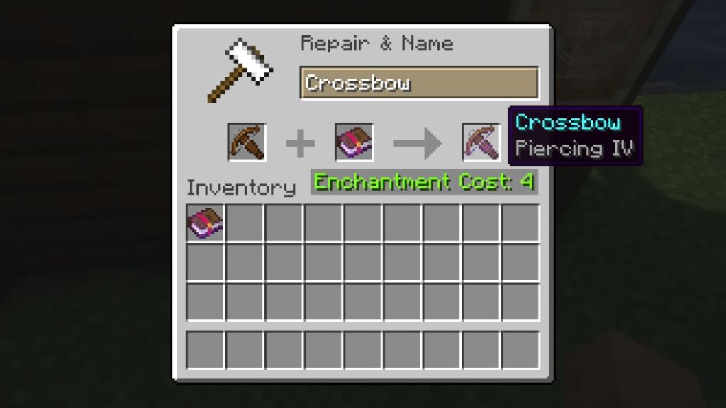 Apply the Piercing enchantment using the Anvil in Minecraft