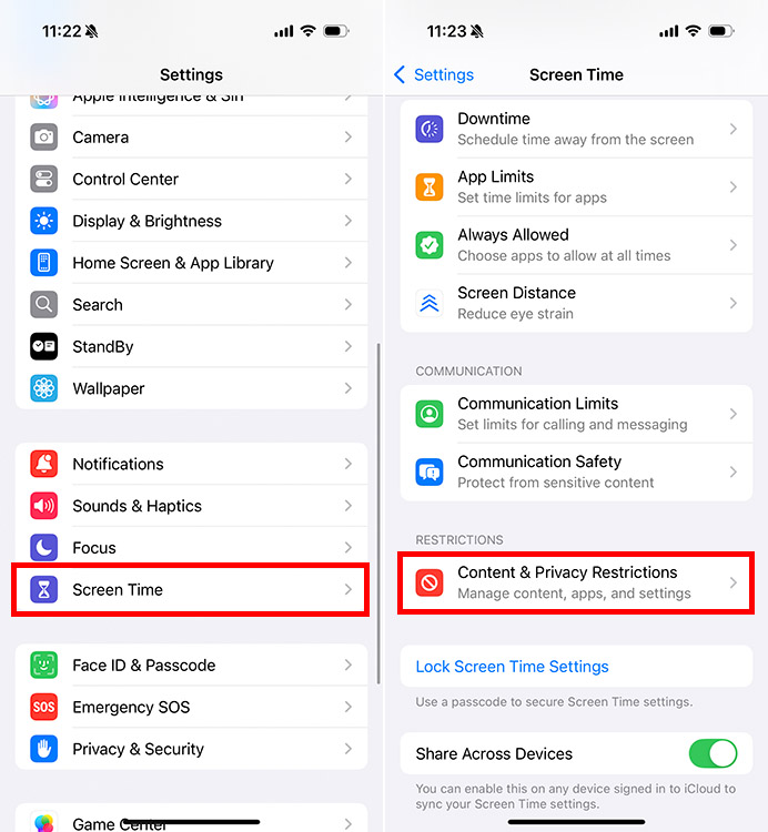 Two iPhone screenshots. Left: Settings menu with Screen Time highlighted. Right: Screen Time menu with Content & Privacy Restrictions highlighted.