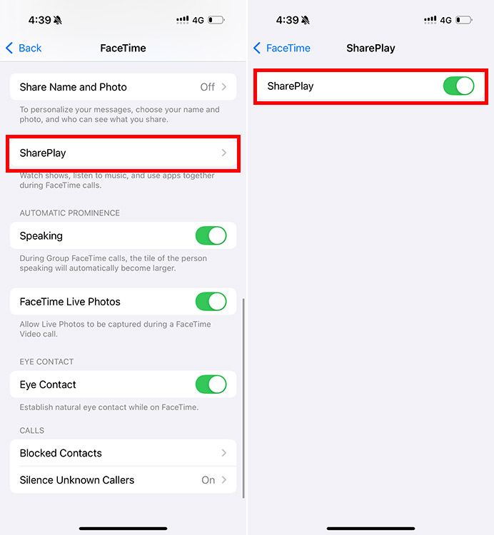 Disable SharePlay on iPhone from Settings