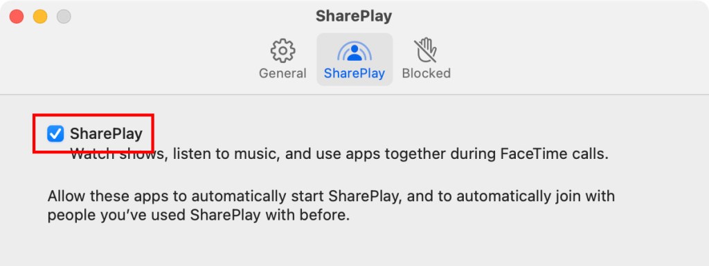 Screenshot of the SharePlay settings window on a Mac, with the SharePlay checkbox selected and highlighted in red.