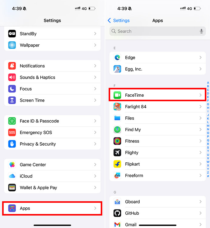 FaceTime app settings in iPhone