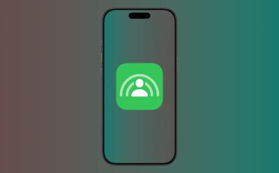 Digital illustration of a black iPhone with a green square SharePlay icon in the center of the screen. The icon shows a white stylized figure with a circle and radiating lines above it. The iPhone is centered against a gradient background transitioning from dark red to dark green.