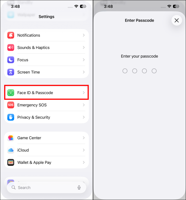 Open Face ID and Passcode option in iPhone Settings