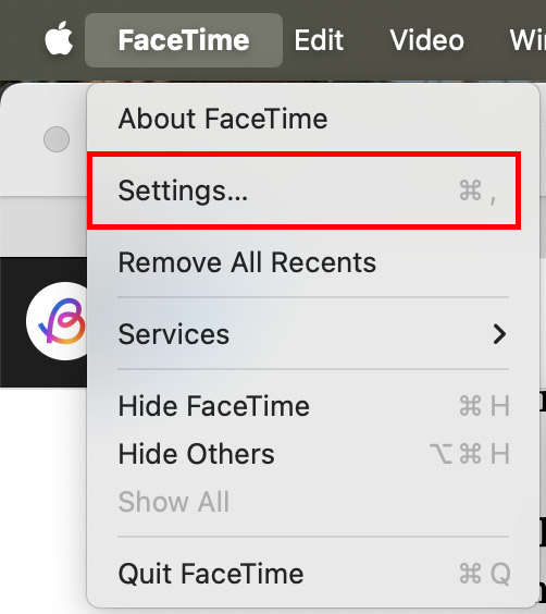 Screenshot of the FaceTime dropdown menu with the 'Settings...' option highlighted in red.