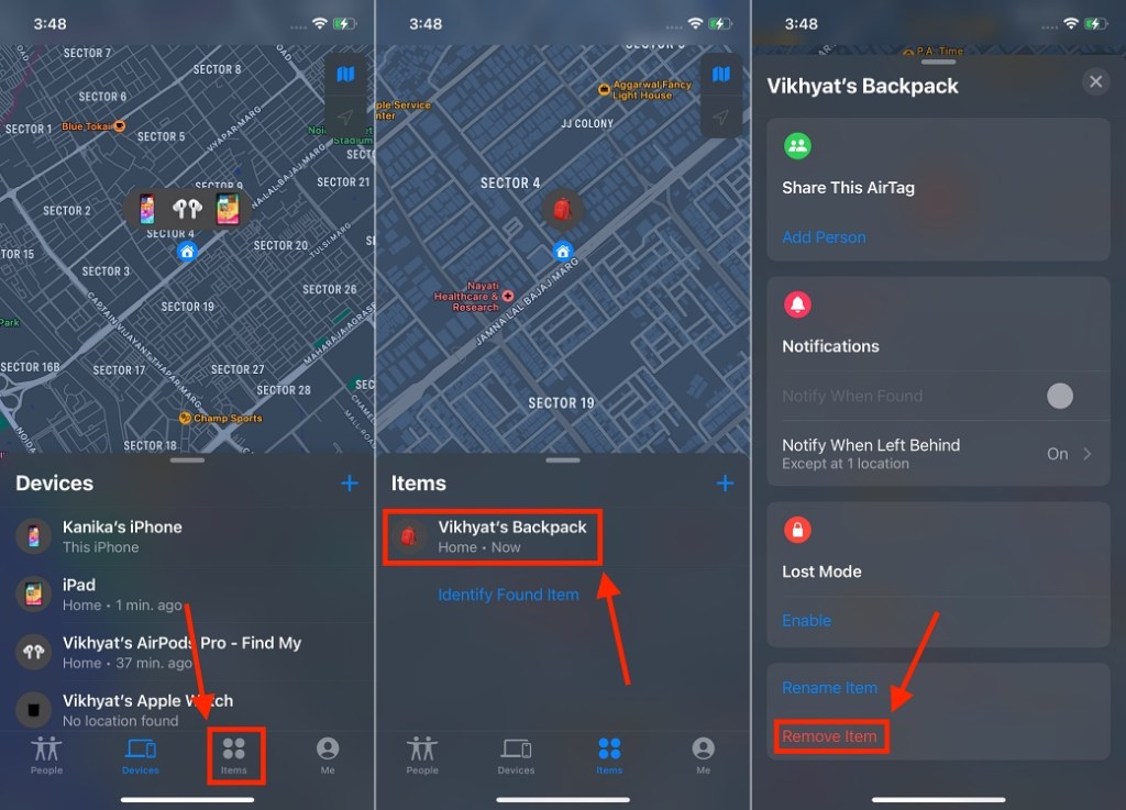 Steps to remove AirTag from Find My app