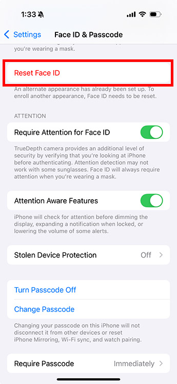 Reset Face ID option in iPhone settings