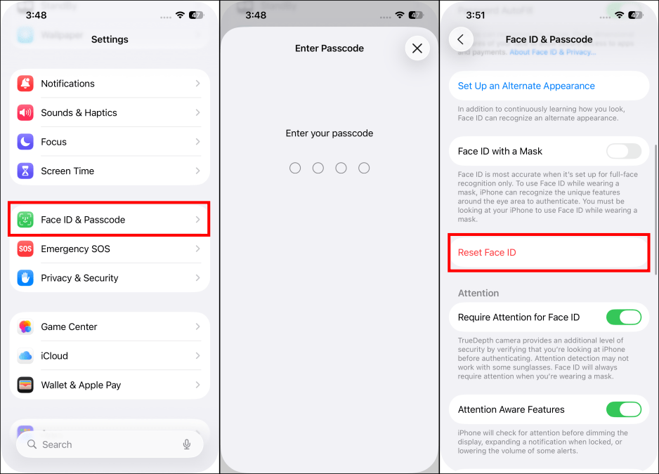 Reset Face ID option in iPhone settings