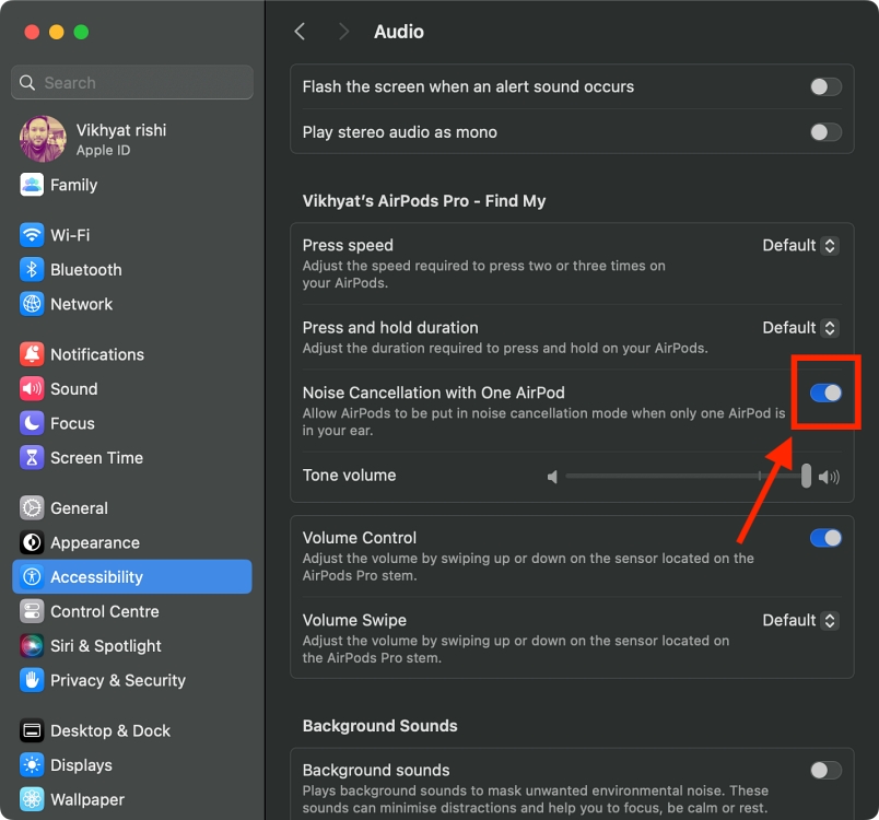 Toggle On Noise Cancellation with One AirPod on Mac