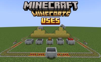 Minecart variants on top of rails and more moving minecarts around them in Minecraft
