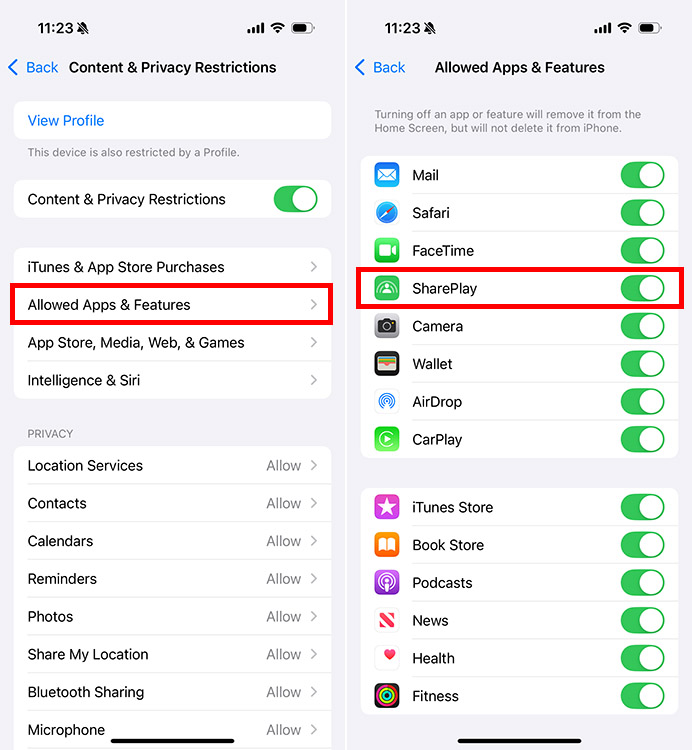 Two iPhone screenshots. Left: Content & Privacy Restrictions menu with Allowed Apps & Features highlighted. Right: Allowed Apps & Features menu with SharePlay highlighted and toggled on.