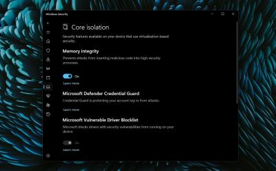 memory integrity feature in windows security