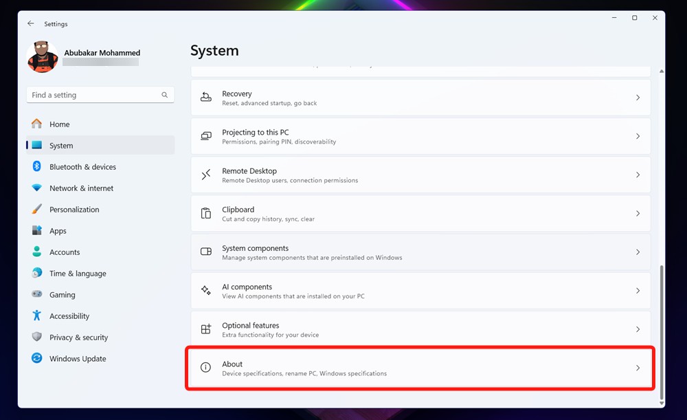 Windows settings system about option