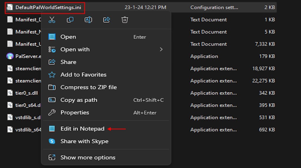 Edit Palworld Default World Settings in Notepad