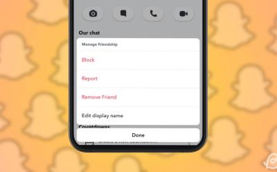 illustration featuring a phone previewing the Block option inside Snapchat app