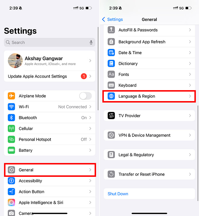 language and region settings in iPhone