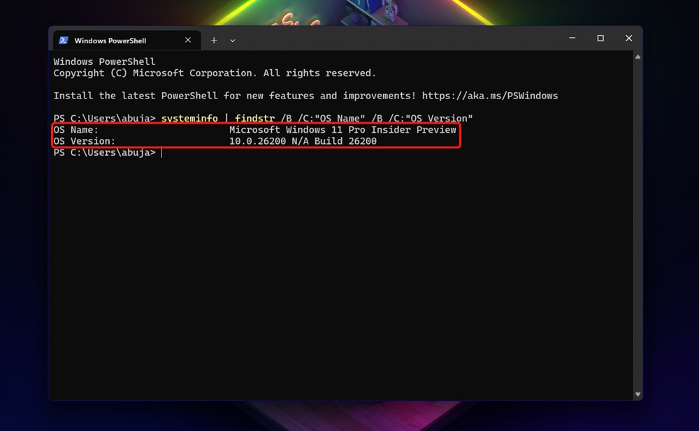Windows Terminal command to display OS information and version
