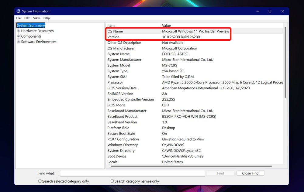 Windows system information with OS name and version