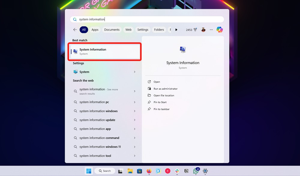 System information in Windows search