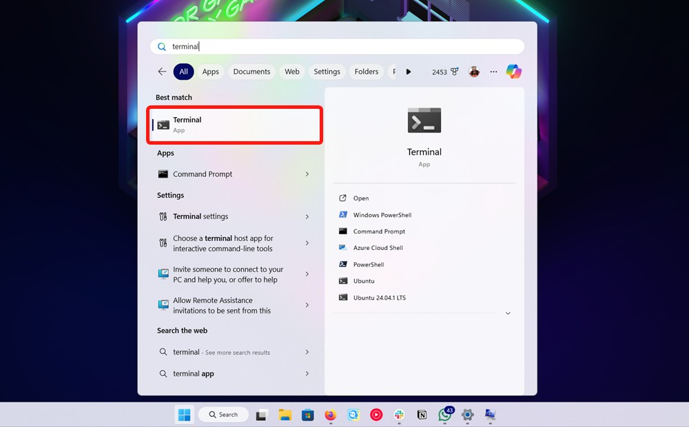 opening the terminal app from the start menu
