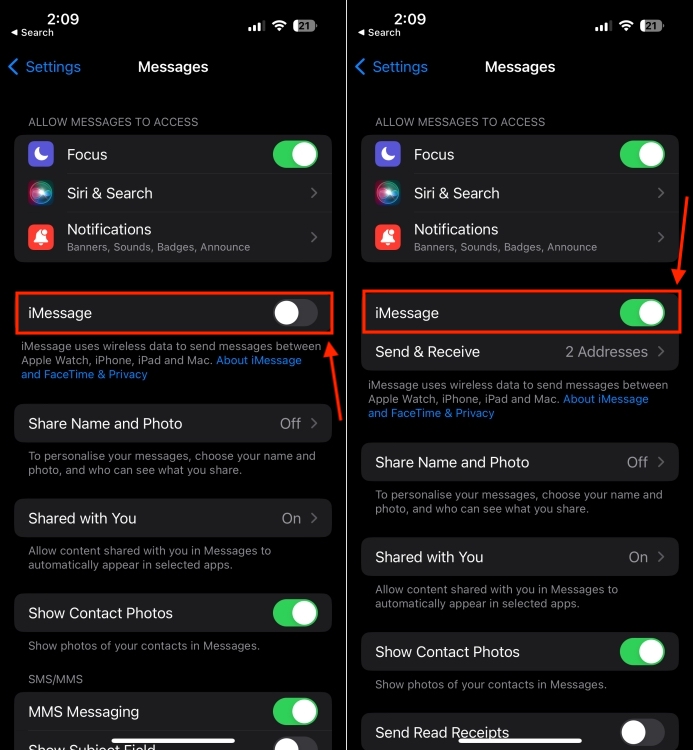 Toggle iMessage on an iPhone