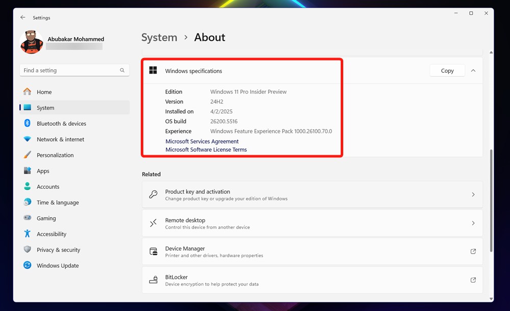 Windows specifications in the about page