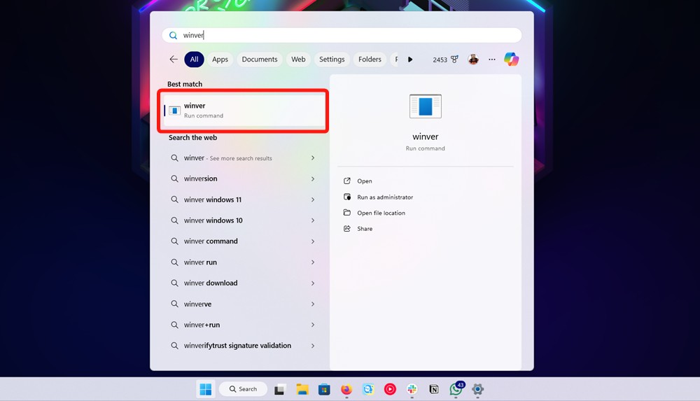 Windows Start meny Winver utility