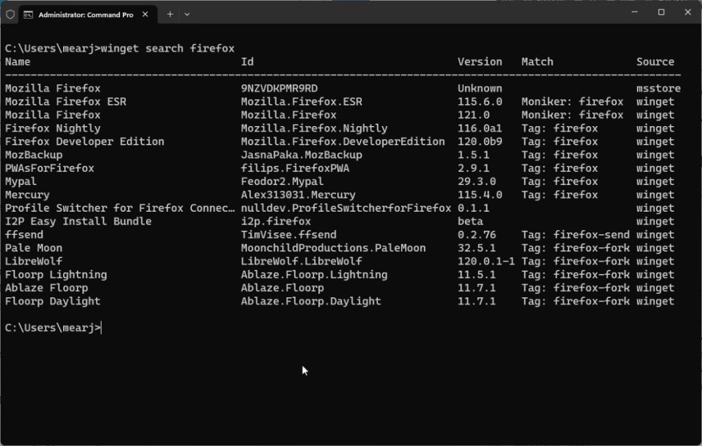 search for apps using winget