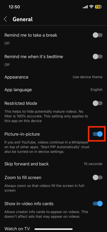 toggle on PiP mode in YouTube app on iPhone