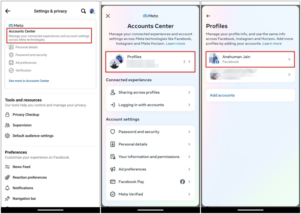 Tap on Account Center then select the profile to rename its username