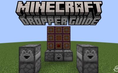Droppers placed in different rotations and cobblestone and redstone dust in item frames in Minecraft