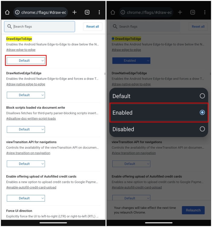Enable draw edge to edge flag in Google Chrome