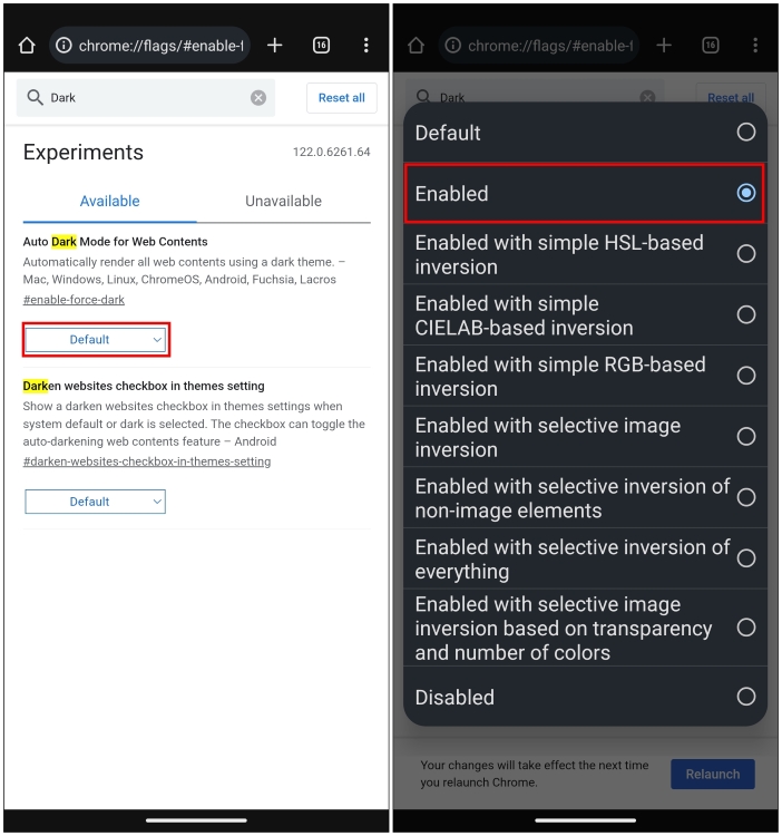 enable force dark mode flag Google Chrome