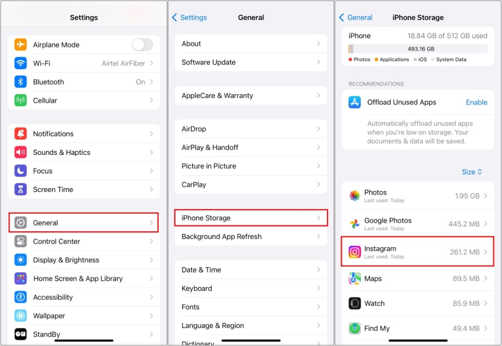Visit iPhone storage from General settings and then select the Instagram app