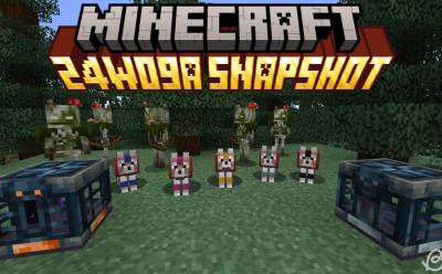 Tamed wolves with different colored wolf armor next to vaults and the Bogged mobs in Minecraft 24w09a snapshot