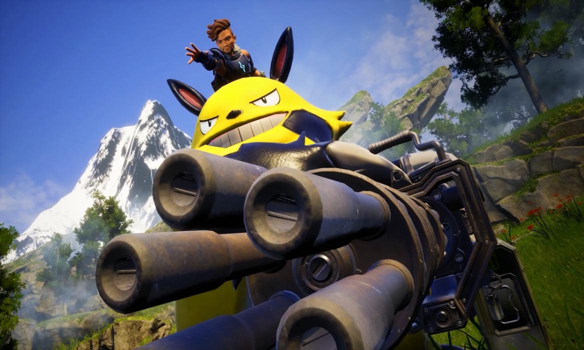 Palworld Player on top of Pal machine gun