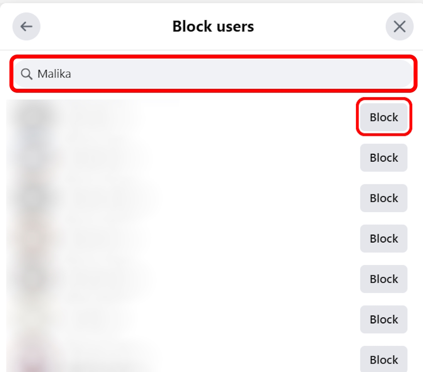 Searching for a targeted Facebook user to block