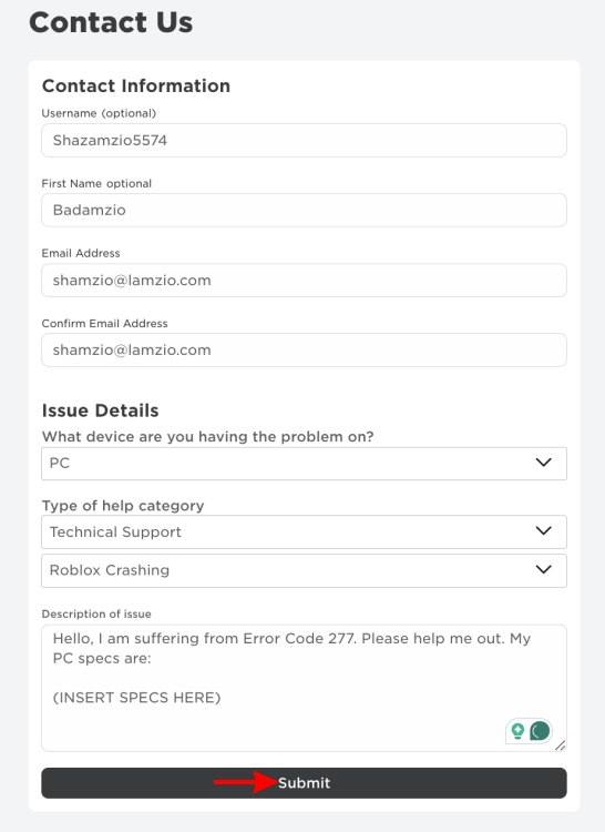 Roblox support form