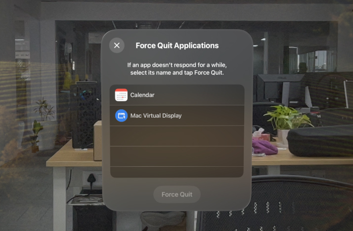 Force Quit Applications menu in Vision Pro