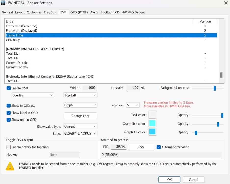 how to enable hwinfo overlay and customization features