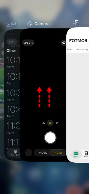 iPhone screenshot showing the Camera app preview inside iOS Recents screen