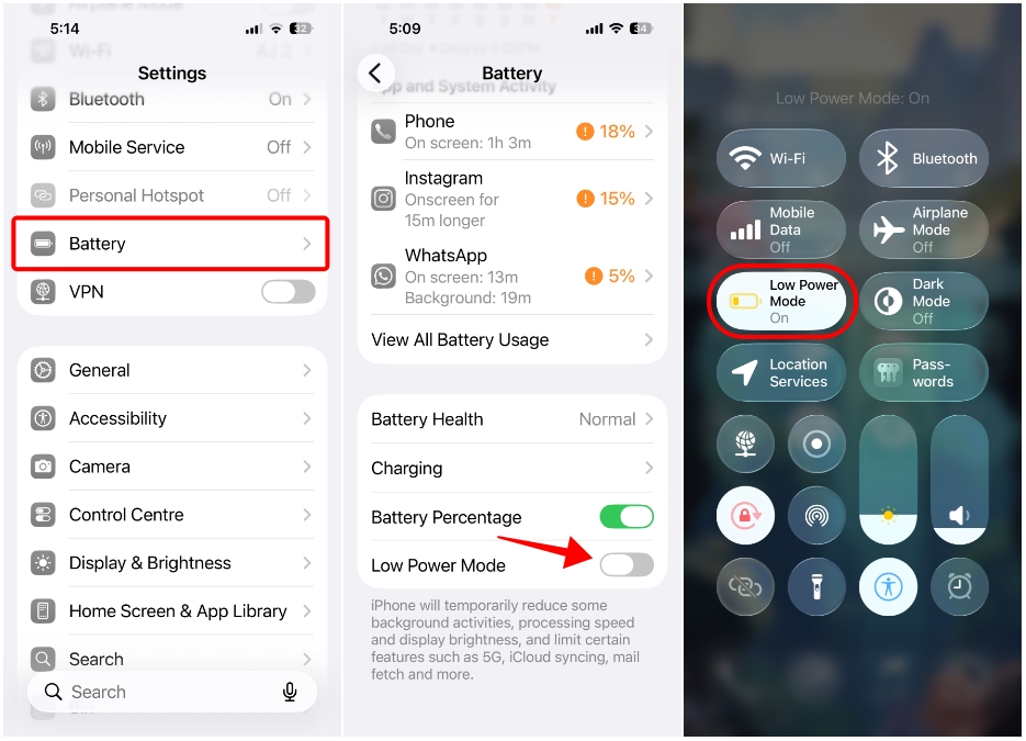 iPhone screenshots showing the process of turning off Low Power Mode on iOS