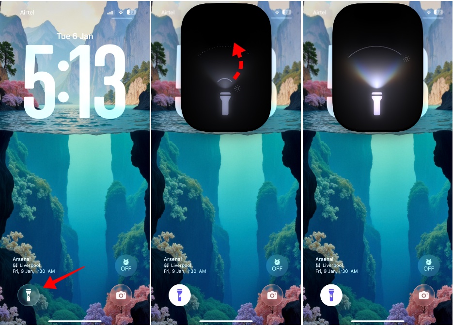 iPhone screenshots showing the process of adjusting flashlight brightness from iOS lock screen
