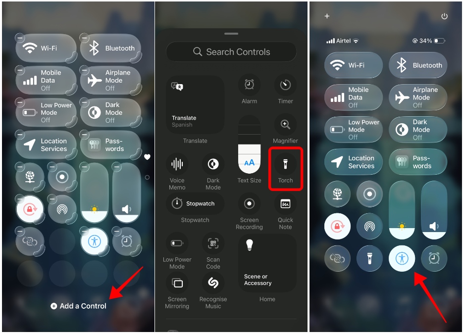 iPhone screenshots showing the process of adding Flashlight shortcut inside iOS Control Center