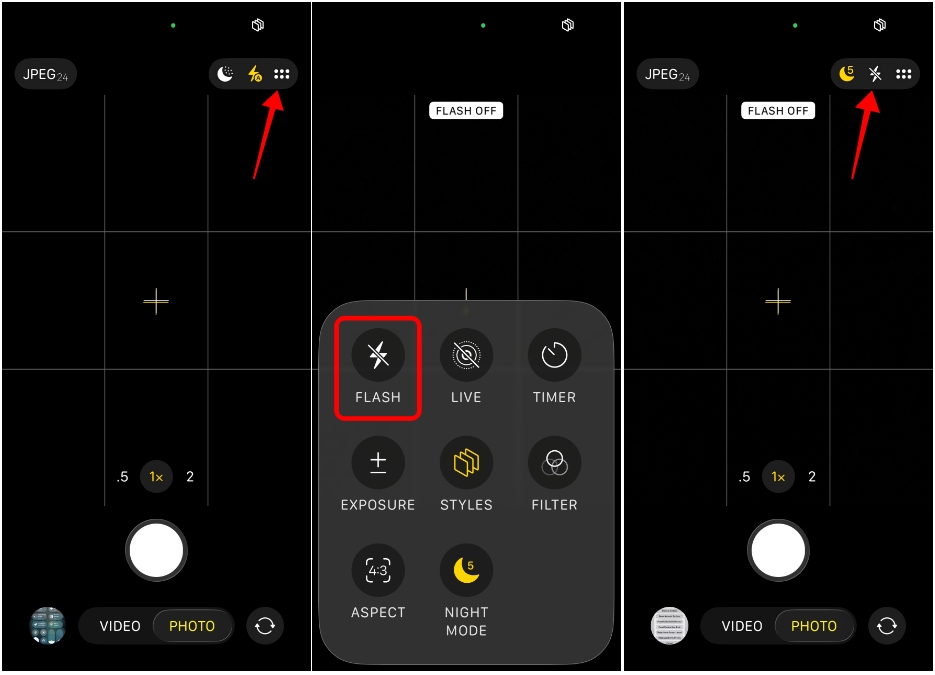 iPhone screenshots showing the process of turning off Flashlight inside iOS Camera app