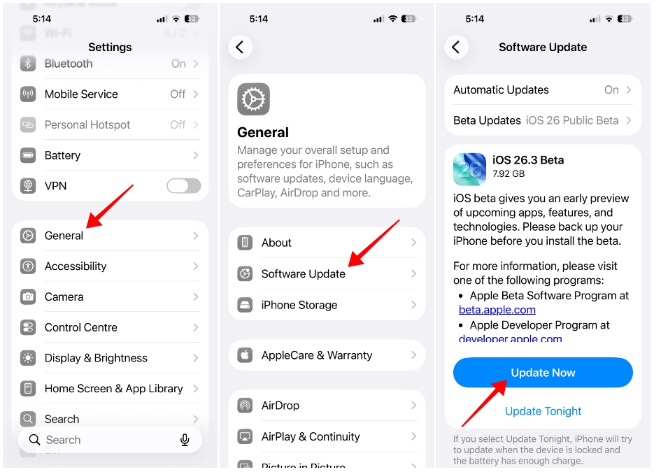 iPhone screenshots showing the process of updating iOS software for fixing flashlight not working issue
