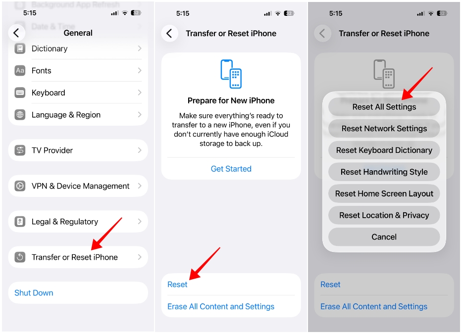 iPhone screenshots showing the process of resetting all settings inside iOS