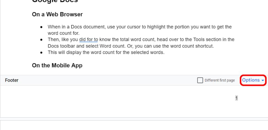 Checking page number options on Google Docs through the web browser