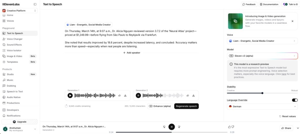 ElevenLabs text to speech AI voice generation screenshot