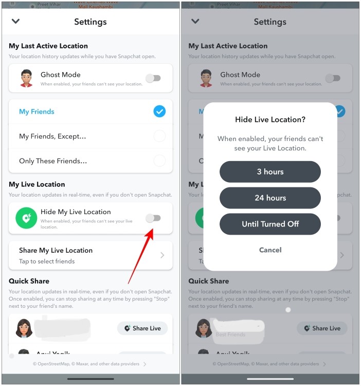 Enable hide live location sharing toggle 