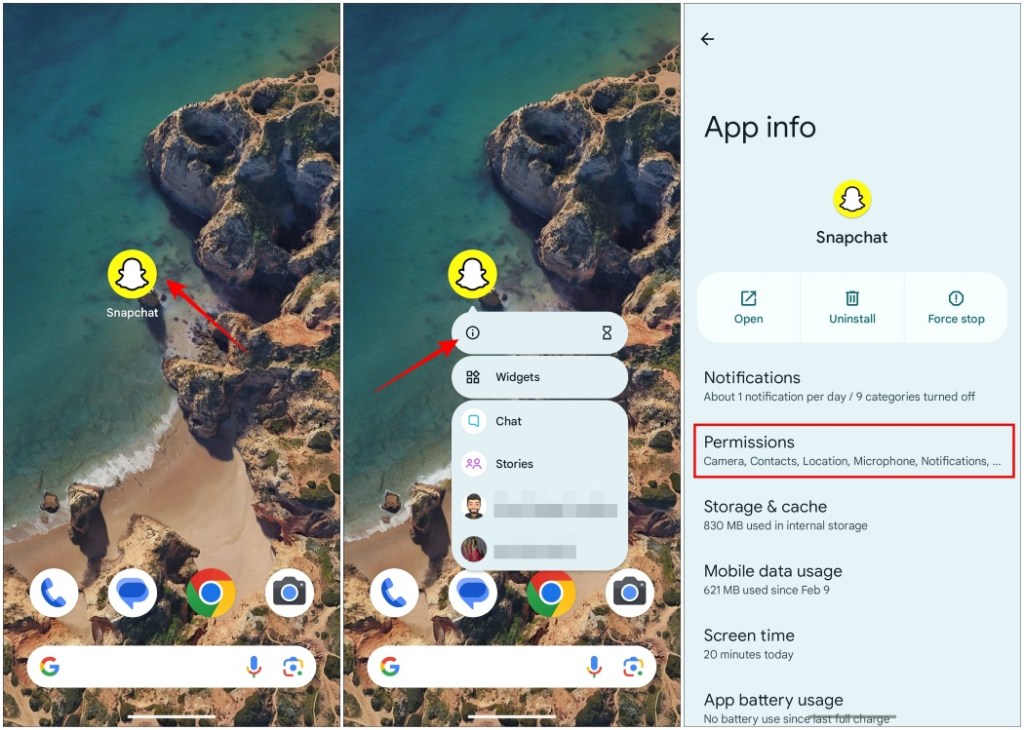 Go to Snapchat permissions from the app info page